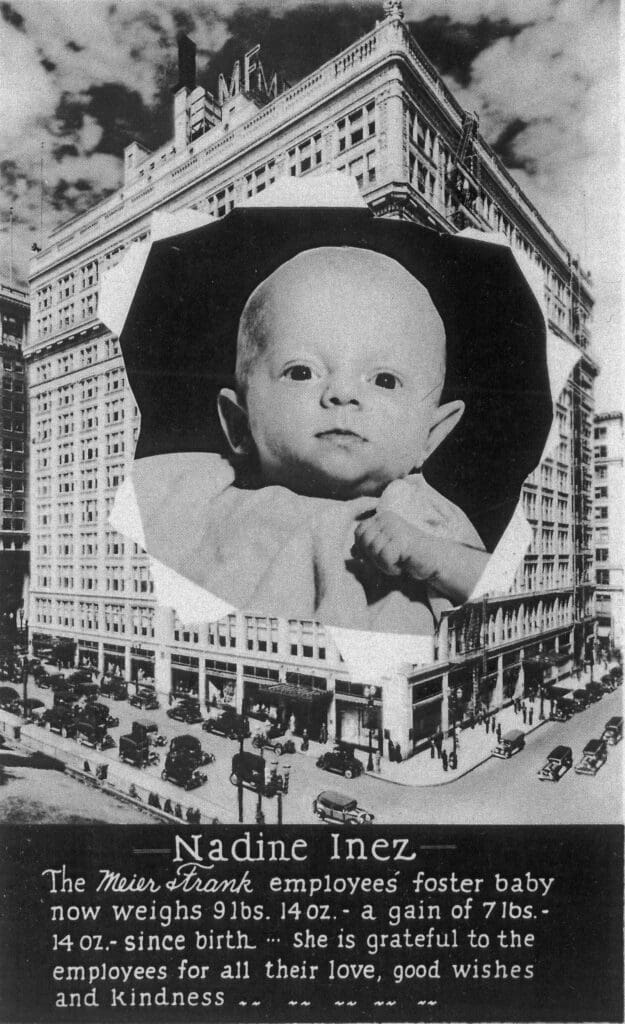 Head of A baby "ecploding out" of a photo of a large department store.