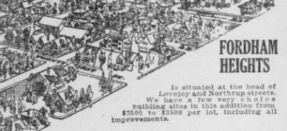 Drawing of Fordham Heights. Text "Is situated at the head of Lovejoy and Northrup streets. We have a few very choice building sites in this addition from $2500 to $3500 per lot, including all improvements."