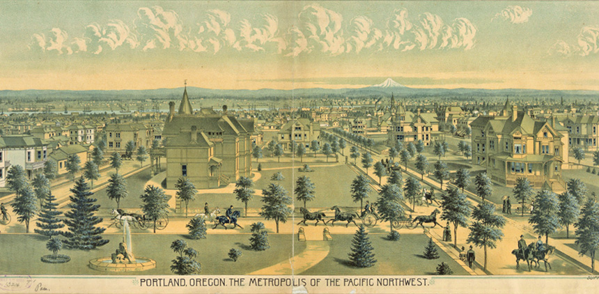 Portland circa 1888 text: Portland, Oregon the Metropolis of the Pacific Northwest. Illustration of "Millionaires Row" today's NW 19th street. Idilic representation with horse drawn carriages, large mansions with great lawns.