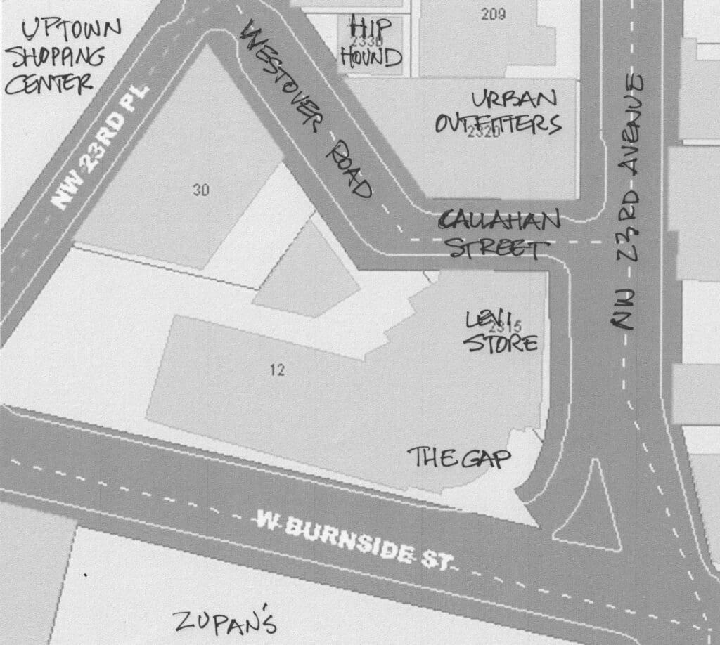 Map of the intersection just a gray tone street map that Mike Ryerson wrote on name changes in ink