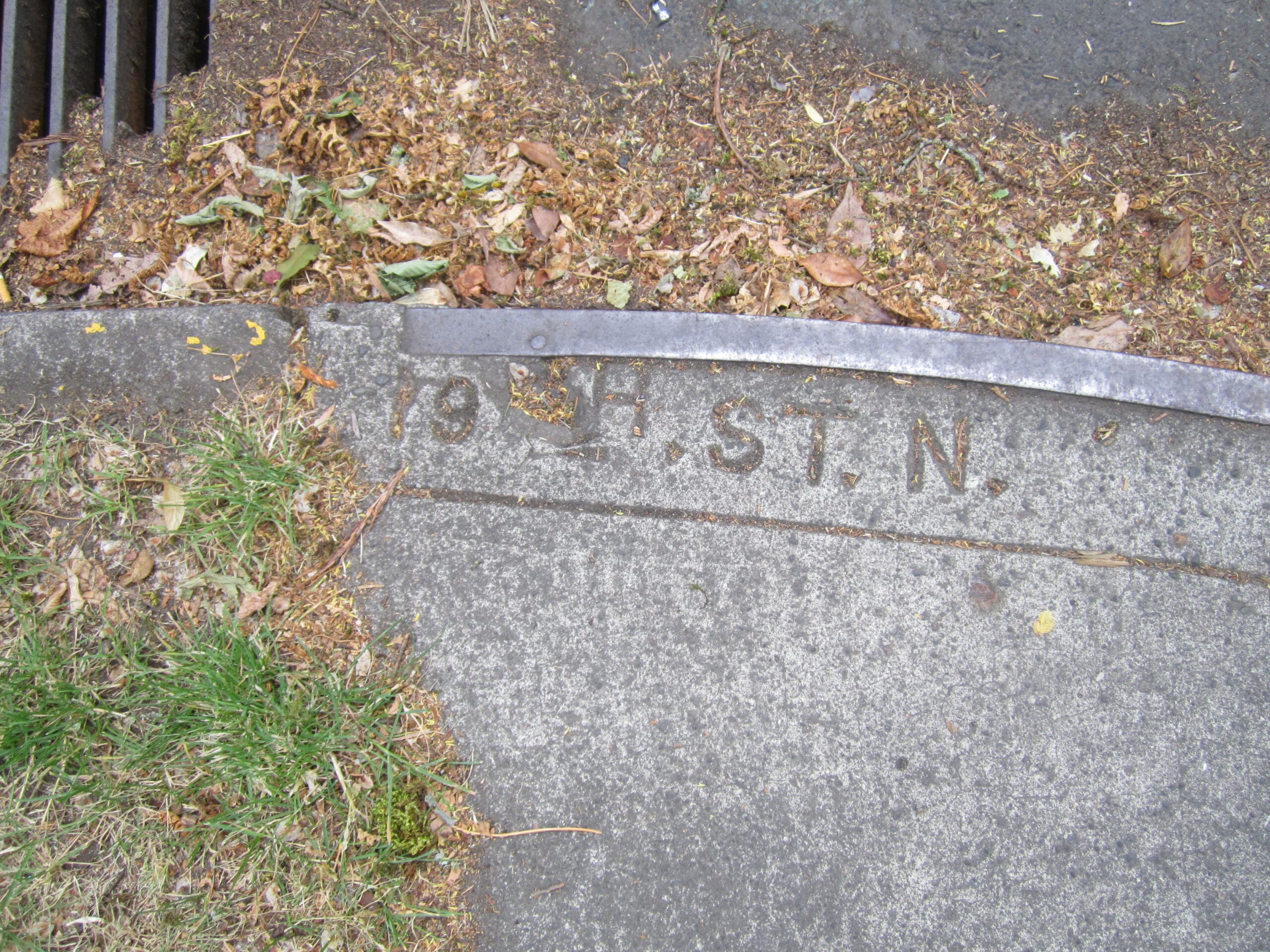There are a lot of fall leave on the ground this is an image of a rounded street sidewalk curb with a metal belt marks read "19th St. N"
