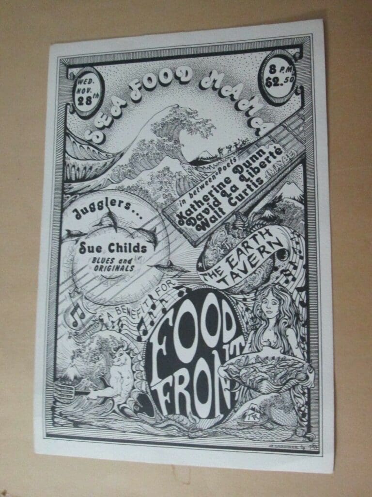 The Earth Tavern very 1960s style hippie era stylized poster advert for Food Front fundraiser 