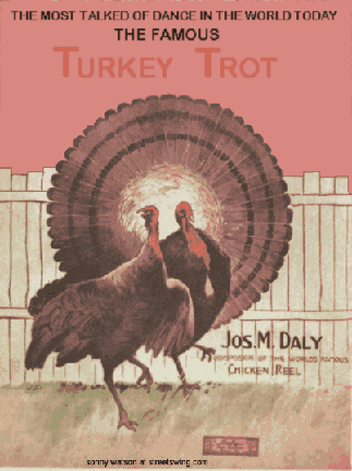Two turkeys dancing on male and one female the males has his feathers out like a fan. Cover of a record or score of sheet music drawn