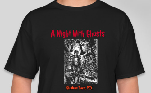 Black T-shirt red text "A Night with Ghosts Slabtown Tours, PDX" Sketch of Harp's boy moving object-old fashion phone, plate, cuckoo clock.