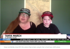 Tanya March on left, Berkeley Sherman on right. Wearing Slabtown Tours baseball hats in front of a 1890s Portland paving map.