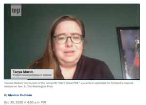 Tanya March Portland-based architectural historian screen shot of Washing Post interview October 2020. Screenshot.