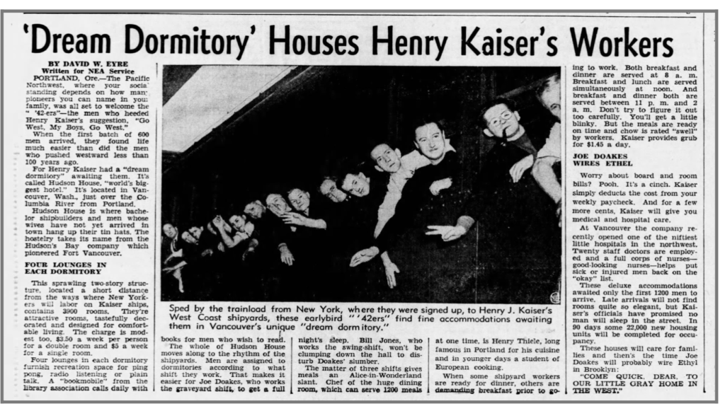 Newspaper headline "Dream Dormitory" Houses Henry Kaiser's Workers