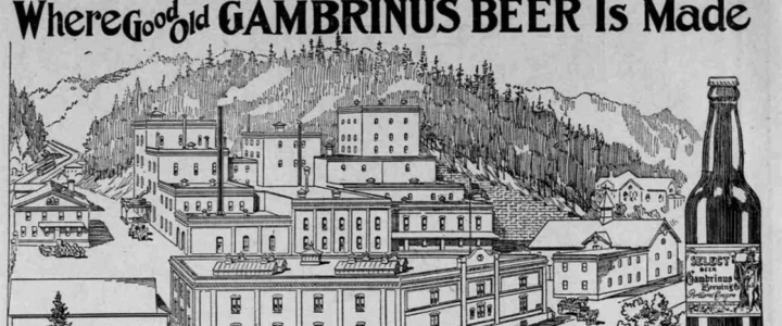 Ad for Gambrinus Brewery, only one of the pitured buildings still stands NW of 23rd and Burnside