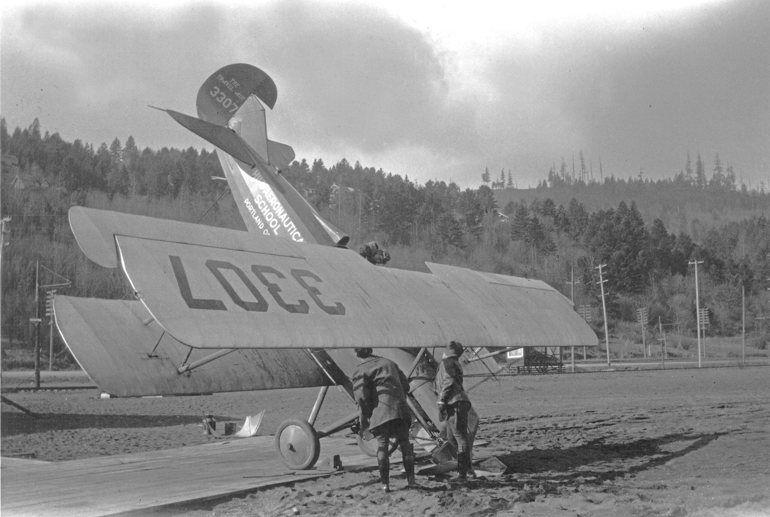Image of an airplane facing nose down. In the background in Forest Park