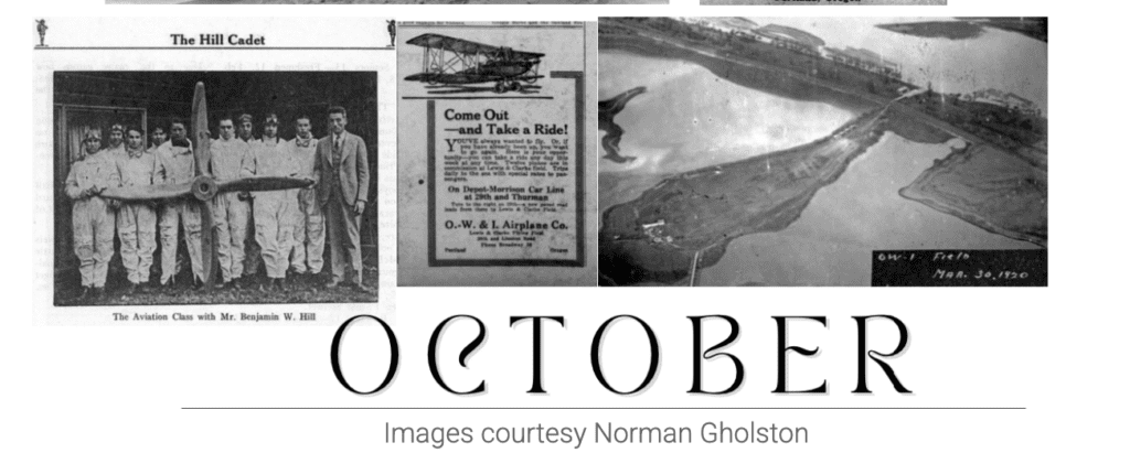 Three images from a calendar created by Berkeley Sherman. There are three image (far left) is a group of men posing holding a c.1930 airplane propeller (middle) Ad text is noit readable by plane and headline "Come Out - And Take A Ride!" far right areal of the tongue dated Mar 1920, I think it os the Willamette River in the top right corner.