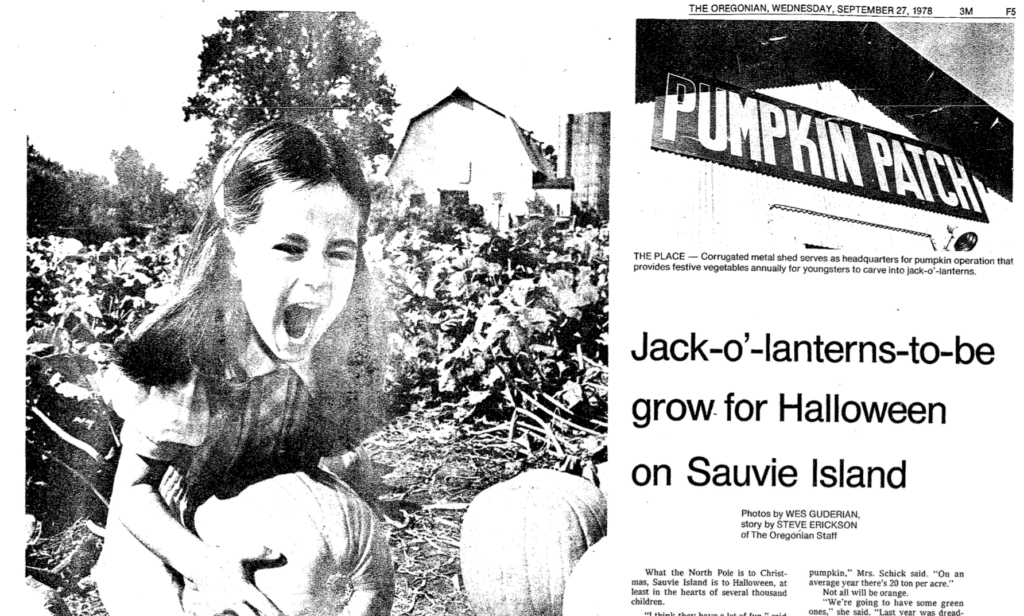 There is a young girl sreaming holding a pumpkin like she is auditioning for a horror movie target/victim. The is a screen shot of a low res scan the mage in the top right is the metal shead of a farm building with a pitched roof sign on building PUMPKIN PATCH. Jack-o'-lanterns-to-be grown for Halloween on Savie Island