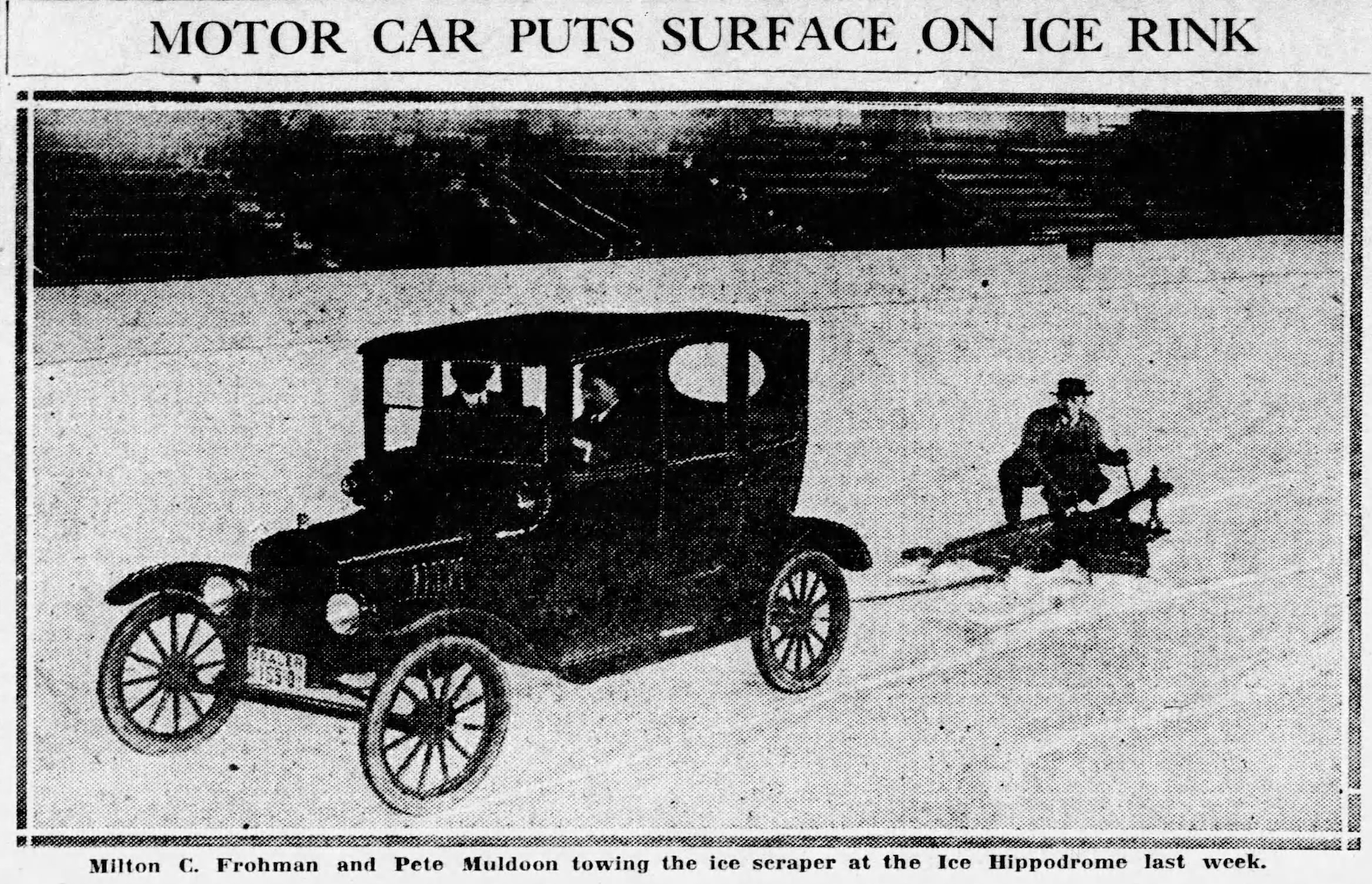 Image of a Ford Car with a driver and pasanger pulling a plow with a man riding it.