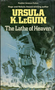 Book cover of Lathe of Heven with buildings falling down.