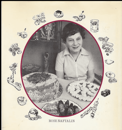 An inside page of one of Rose's cookbooks a head shot with two multi tier 12" round cakes in front its black and white