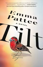 Book cover of Tilt by Emma Pattee. The cover features a stark, tilted design highlighting the book's title in bold, fragmented lettering, reflecting the themes of a catastrophic earthquake in Portland. There is a Bird with a red breast.