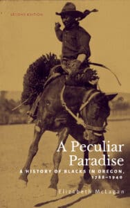 Book Cover "A Peculiar Paradise" A Black Cowboy riding a bucking horse author listed Elizabeth-McLagan