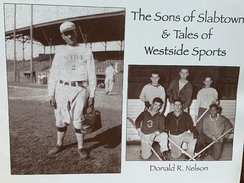 Book Cover image on left a sole baseball player in uniform images are black and white he is standing inside the Vaugh Street Ball Park you see the wooden bleachers in the background. Image on right is of six hockey players in practice attire hockey sticks are in the shot