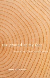 Back Ground is of a section of a tree cut showing tree rings Title is in white text The Ground at My Feet by Ann Stinson