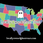 Colorful mosaic map of the Us Ghost mid map with two eyes tex across map Logally Owned Ghost Tours footer has link locallyownedghosttours.com