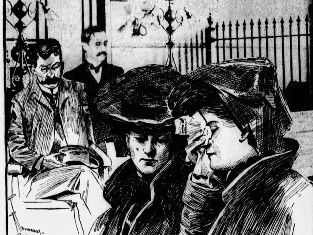 Trial sketch. Two wealthy women in seal skin in for ground on woman appears to be wiping away tears. There are jail bars, two me one the lover looks like a poor dandy, with a well dressed man might be the lawyer