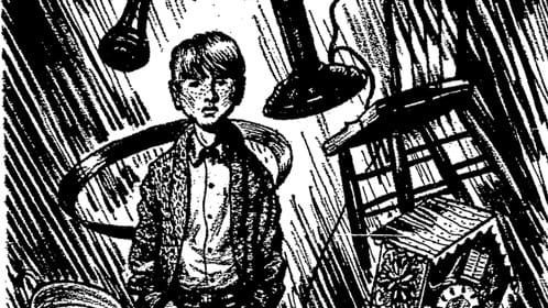 Cartoon black ink 1900s jail house art style torso young man in suit antique phone, coo-coo clock, bowl, plate, and chair floating