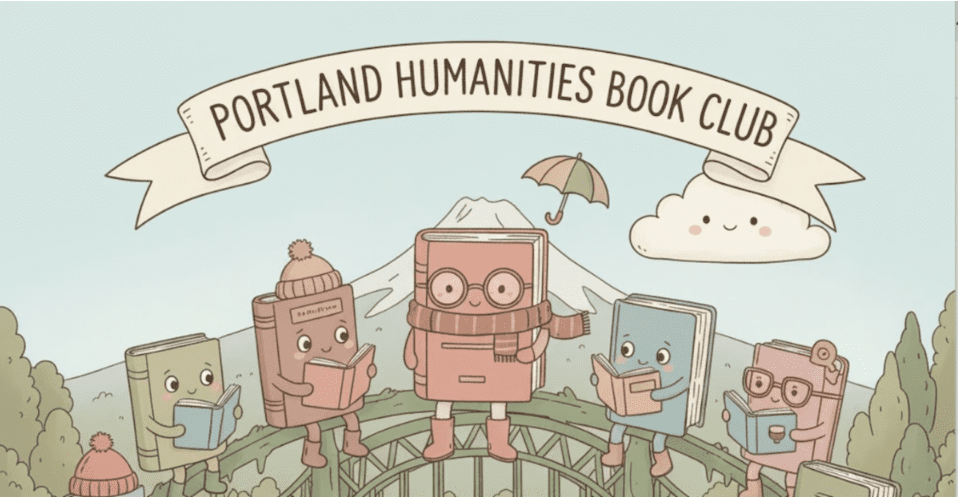 An AI generated image of a bunch of cartoon books with eyes sitting on a bridge with Mt hood in the distance.