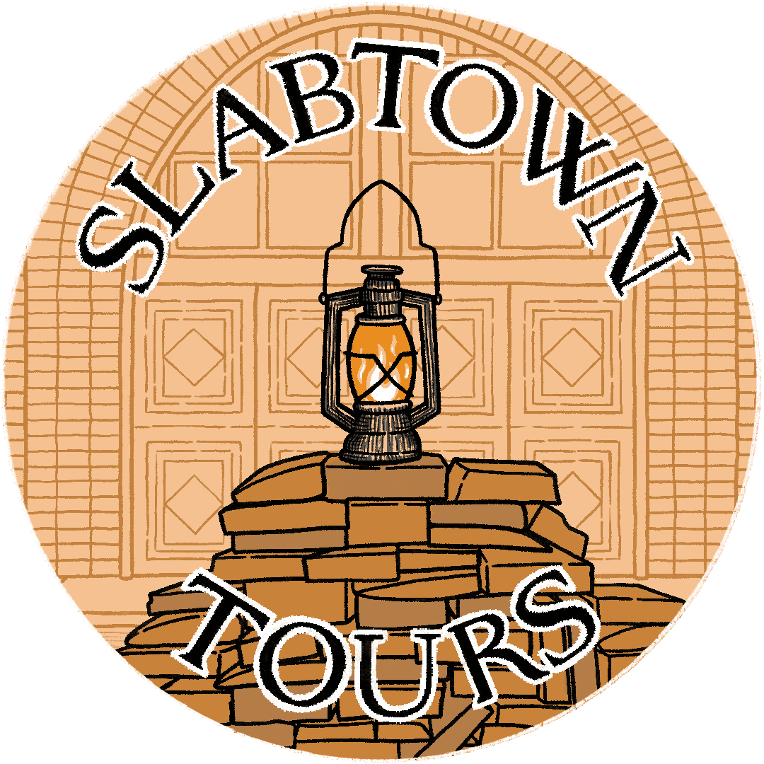 Brooklyn Lantern on pile of slabwood, text: Slabtown Tours