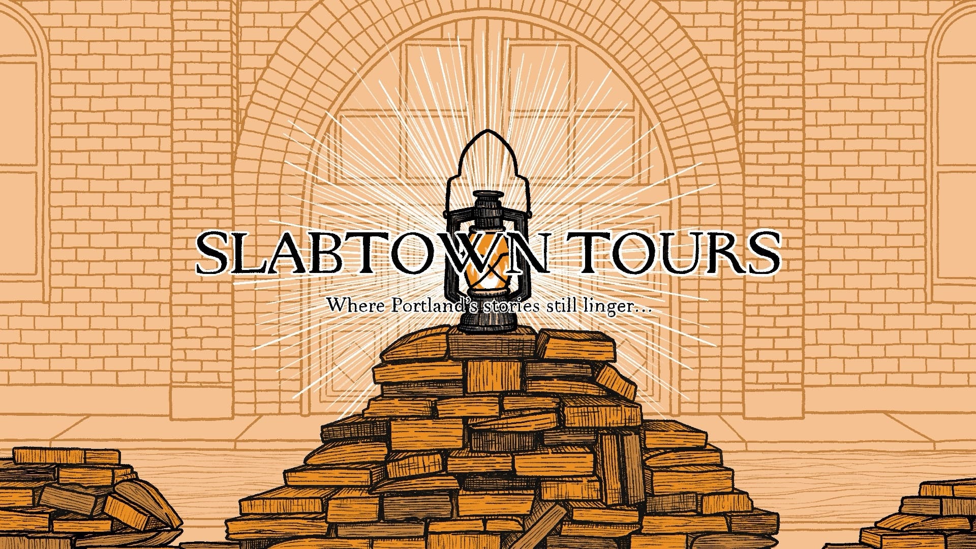 A drawing of a Brooklyn lantern on a pile of slabwood